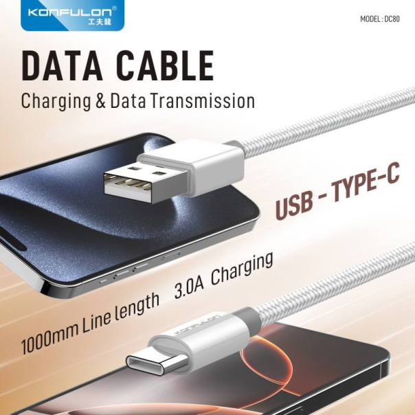 Kabel KONFULON Joko DC80 3A USB na Type-C beli 1m - 617551