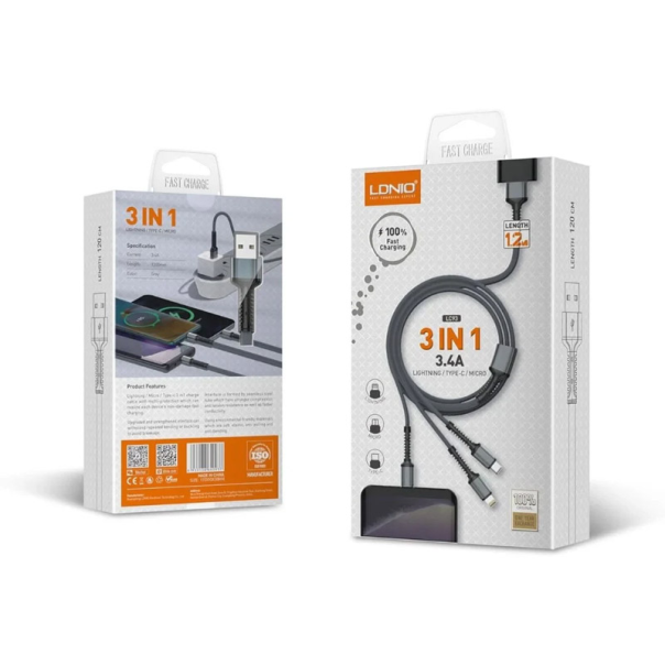 Kabel LDNIO LC93 za iPhone lightning/Micro USB/Type C 3.4A sivi 1.2m - 620123