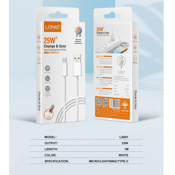 Kabel LDNIO LS891 25W Fast USB na Type-C beli 1m - 611941