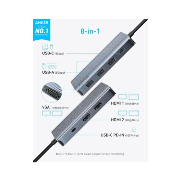 ANKER USB-C Data Hub, 8u1, Triple Display, PD 85W doking stanica siva - EP2948006