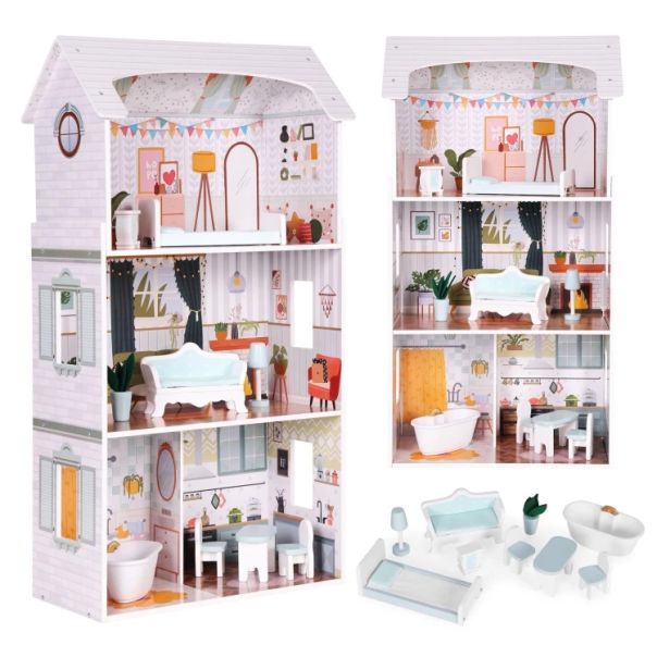 ECO TOYS Kućica za lutke alice na 3 sprata, 4 sobe, set sa 9 komada nameštaja – ecotoys - EP2749283