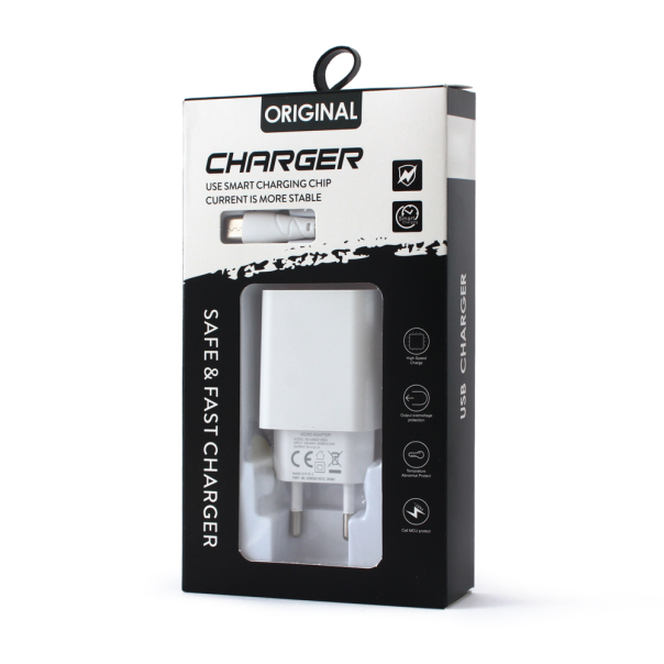 Kucni punjac 2.1A sa USB na micro USB kablom CE beli - 205902