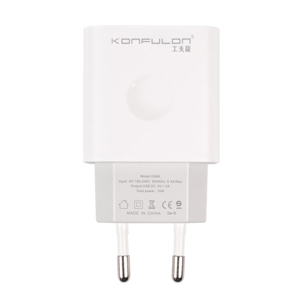 Kućni punjač KONFULON C69A+DC05 QC 15W, USB na iPhone lightning beli 1m - 222330