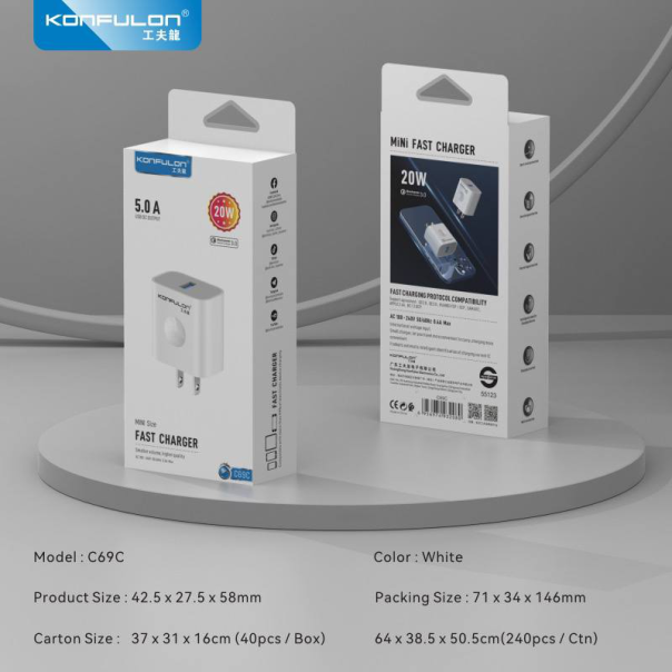 Kućni punjač KONFULON C69C+DL47 QC 18W, sa micro USB kablom beli 1m - 223235
