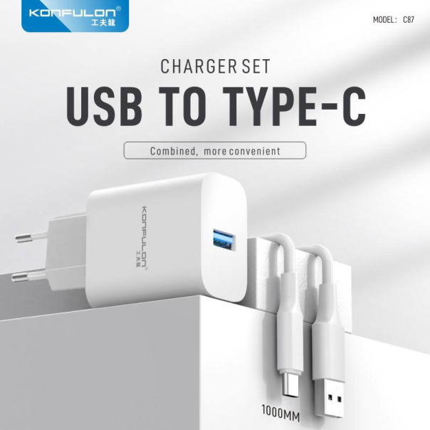 Kućni punjač KONFULON Joko C87 3A sa kablom USB na Type-C beli 1m - 611505
