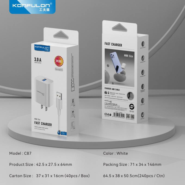 Kućni punjač KONFULON Joko C87 3A sa kablom USB na Type-C beli 1m - 611505