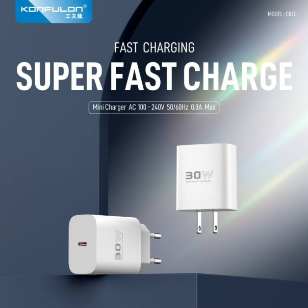 Kućni punjač KONFULON C87c + DL51, 30W, +DL51 sa PD kablom Type C na Type C beli - 220799