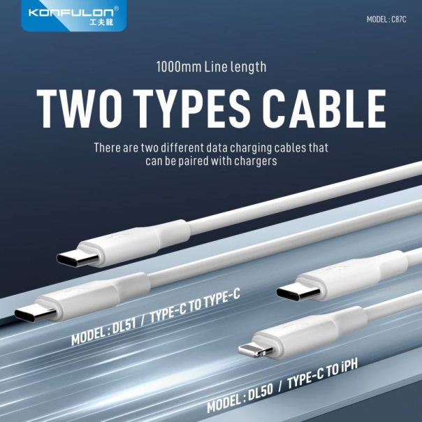 Kućni punjač KONFULON C87c + DL51, 30W, +DL51 sa PD kablom Type C na Type C beli - 220799