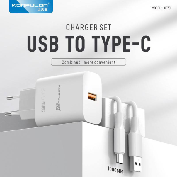 Kucni punjac KONFULON C87Q, 3A, 25W, sa Type C kablom beli - 214341-1
