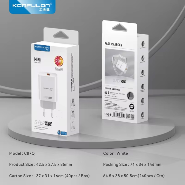 Kucni punjac KONFULON C87Q, 3A, 25W, sa Type C kablom beli - 214341-1