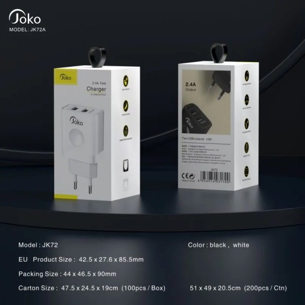 Kućni punjač KONFULON JK72, 2xUSB, 2.4A,12W, sa micro USB kablom beli - 206616-1