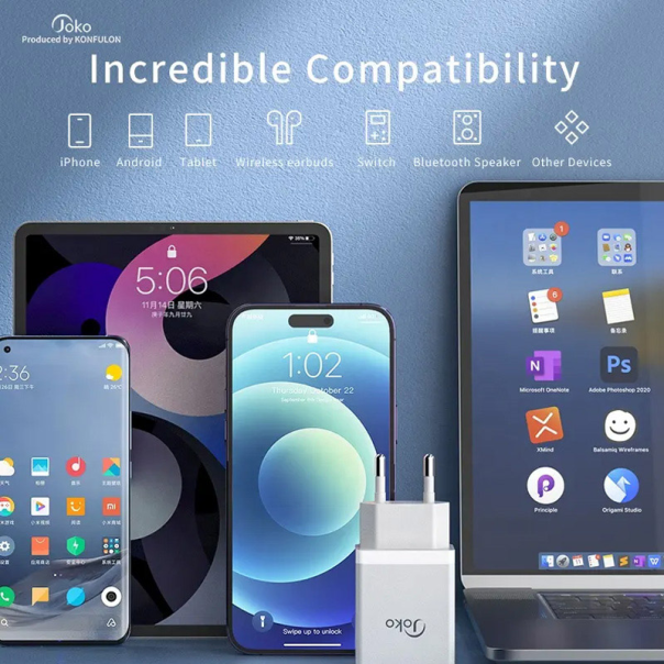Kućni punjač KONFULON Joko JK77 2.4A sa kablom USB na Type-C beli 1m - 610484