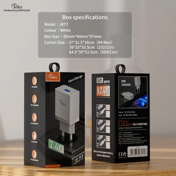 Kucni punjac KONFULON JK77 2.4A saType C kablom beli 1m - 205918