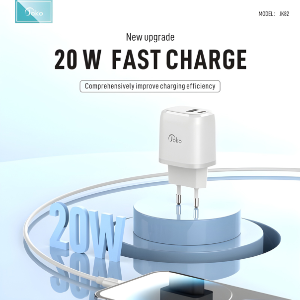 Kucni punjac KONFULON JK82 + PX15 PD 20W, QC 18W, sa kablom USB na Type C beli - 215584