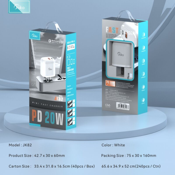 Kucni punjac KONFULON JK82 + PX15 PD 20W, QC 18W, sa kablom USB na Type C beli - 215584