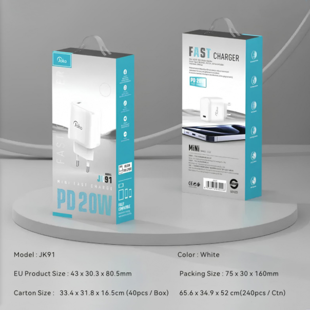 Kućni punjač KONFULON JK91+DC67 PD20W sa PD kablom Type C na Type C beli - 221849