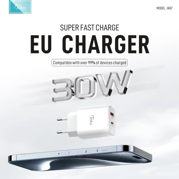 Kućni punjač KONFULON Joko JK87 PD 30W/ USB Q.30W sa kablom USB na Type-C beli 1m - 613670