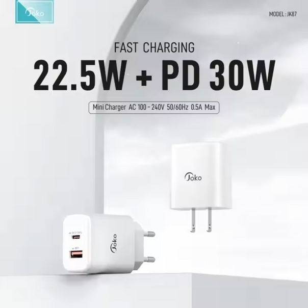 Kućni punjač KONFULON Joko JK87 PD 30W/ USB Q.30W sa kablom USB na Type-C beli 1m - 613670
