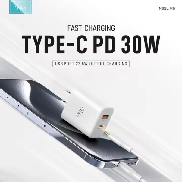 Kućni punjač KONFULON Joko JK87 PD 30W/ USB Q.30W sa kablom USB na Type-C beli 1m - 613670