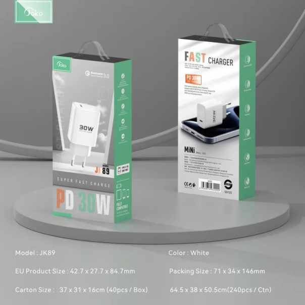 Kućni punjač KONFULON Joko JK89+DC66 PD 30W sa kablom Type-C na iPhone Lightning beli 1m - 615492