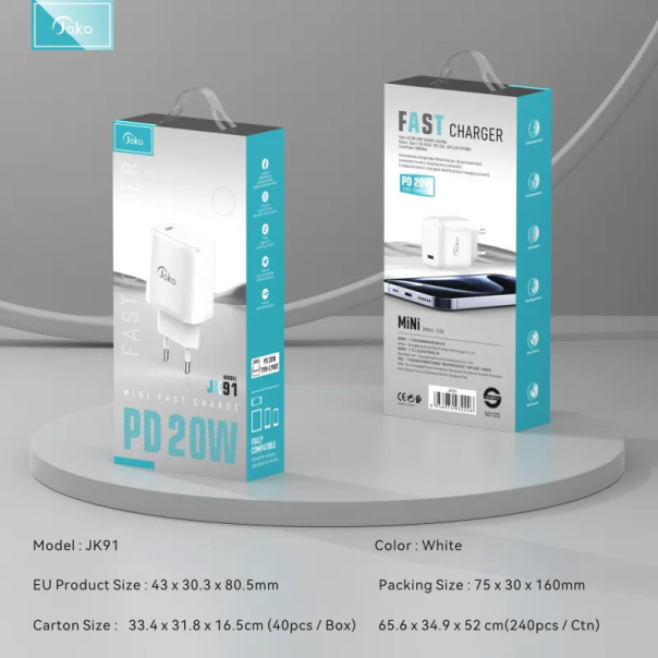 Kućni punjač KONFULON Joko JK91+DC66 PD 20W sa kablom Type-C na iPhone Lightning beli 1m - 615496