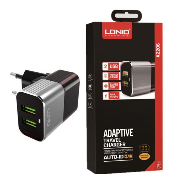 Kućni punjač LDNIO A2206 2XUSB 2.4A + Type-C kabel crno sivi - 029312