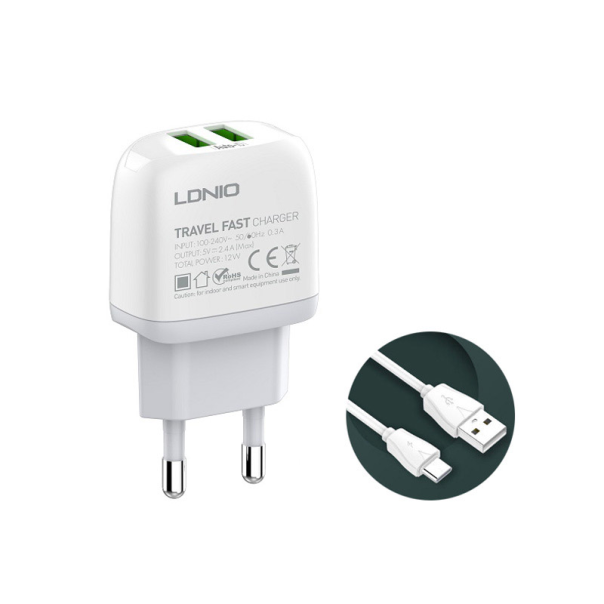 Kućni punjač LDNIO A2219 2xUSB 5V 2.4A 12W sa kablom USB na Type-C beli - 611968