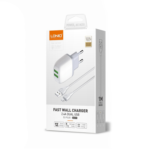 Kucni punjac LDNIO A2219 2xUSB 5V 2.4A 12W sa iPhone lightning kablom beli - 200964