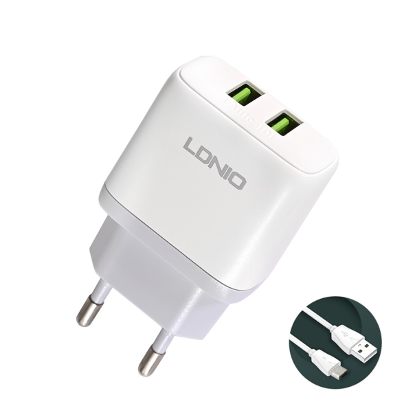 Kućni punjač LDNIO A2221 2xUSB, 12W sa micro USB kablom beli - 218358-1