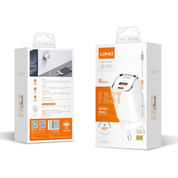 Kucni punjac LDNIO A2317C, 3.6A, QC3.0 18W, PD 30W sa Iphone lightning kablom beli - 206634