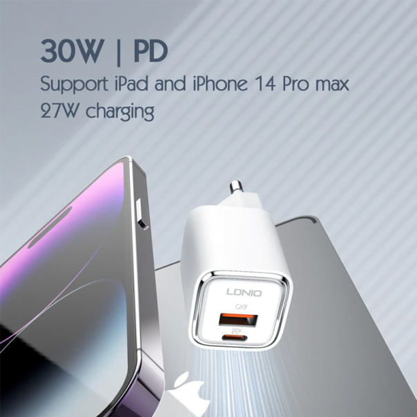 Kućni punjač LDNIO A2317C, 3.6A, QC3.0 18W, PD 30W sa Type C na Iphone lightning kablom beli - 206636