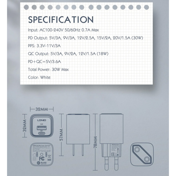 Kućni punjač LDNIO A2317C, 3.6A, QC3.0 18W, PD 30W sa Type C na Iphone lightning kablom beli - 206636
