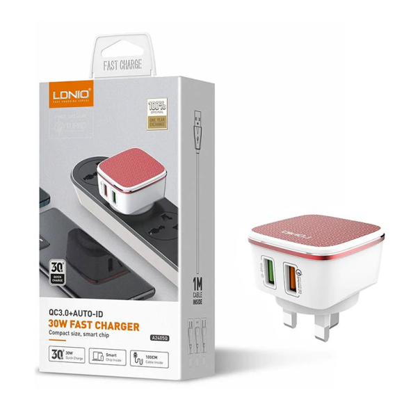Kućni punjač LDNIO A2405Q dual USB 2.4A FAST CHARGING QC 3.0 + iPhone Lightning kabel beli - 022716