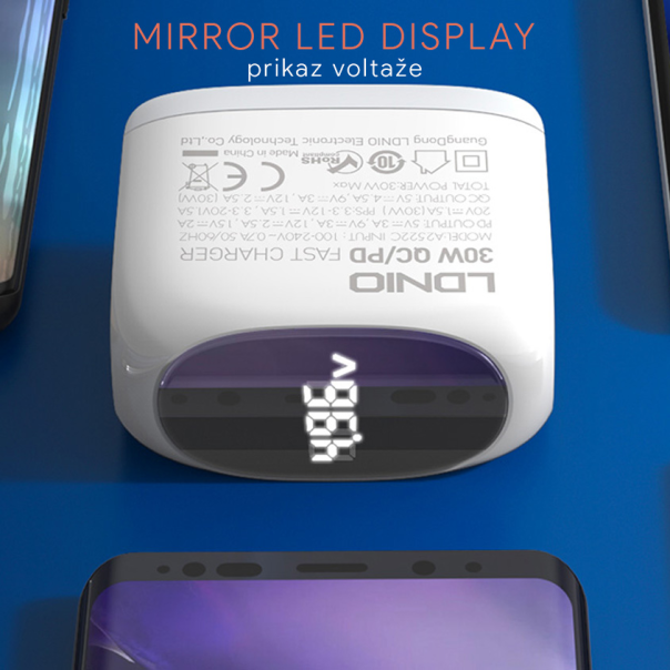 Kucni punjac LDNIO A2522C QC3.0, PD, PPS, LED Display, 30W sa Type C na iPhone lightning kablom beli - 216151-1