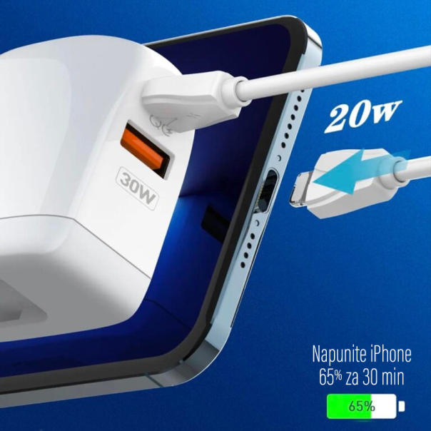 Kucni punjac LDNIO A2522C QC3.0, PD, PPS, LED Display, 30W sa Type C na iPhone lightning kablom beli - 216151-1