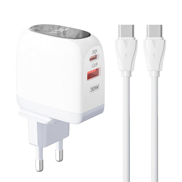 Kucni punjac LDNIO A2522C QC3.0, PD, PPS, LED Display, 30W sa Type C na Type C kablom beli - 216152-1