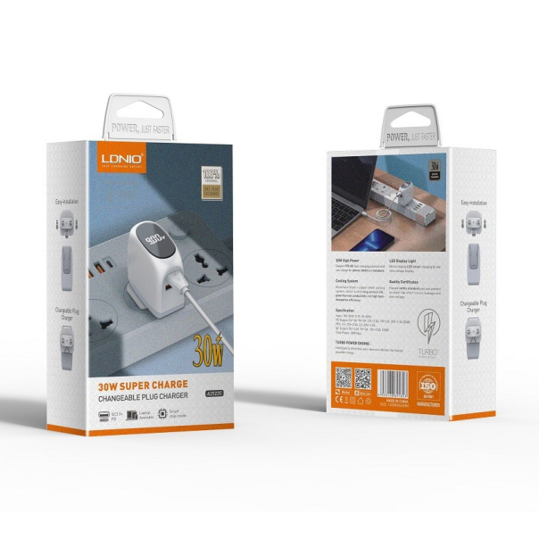 Kućni punjač LDNIO A2522C QC3.0, PD, PPS, LED Display, 30W sa Type C na Type C kablom beli - 216152-1-1
