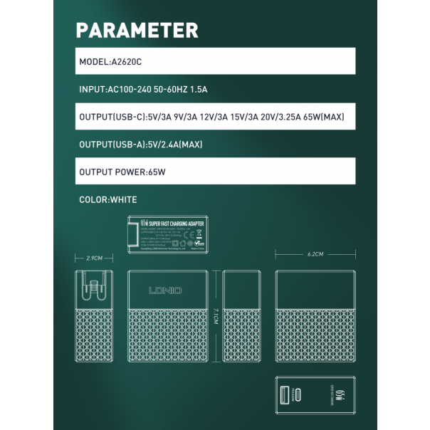 Kucni punjac LDNIO A2620C PD+QC3.0 65W sa Type C na Type C kablom - 208787