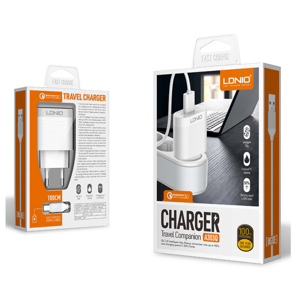 Kućni punjač LDNIO A303Q USB 5V/ 3A (18W) FAST CHARGING QC 3.0 sa kablom USB na Type-C beli - 039182