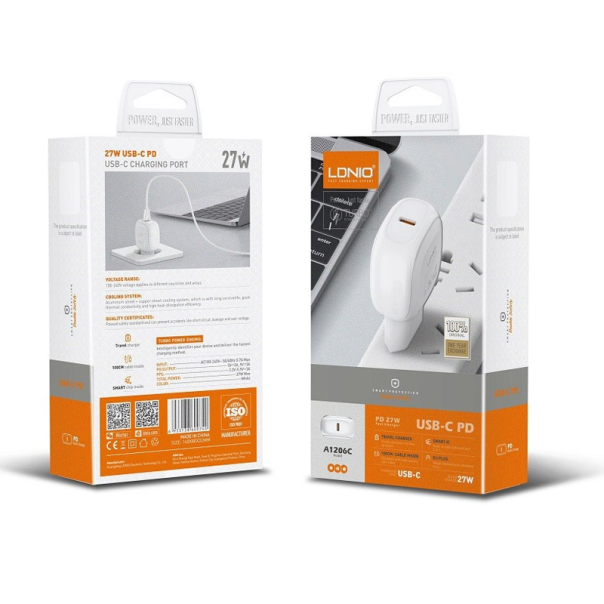 Kućni punjač LDNIO A1206C PD 27W sa kablom Type-C na iPhone Lightning beli 1m - 600653