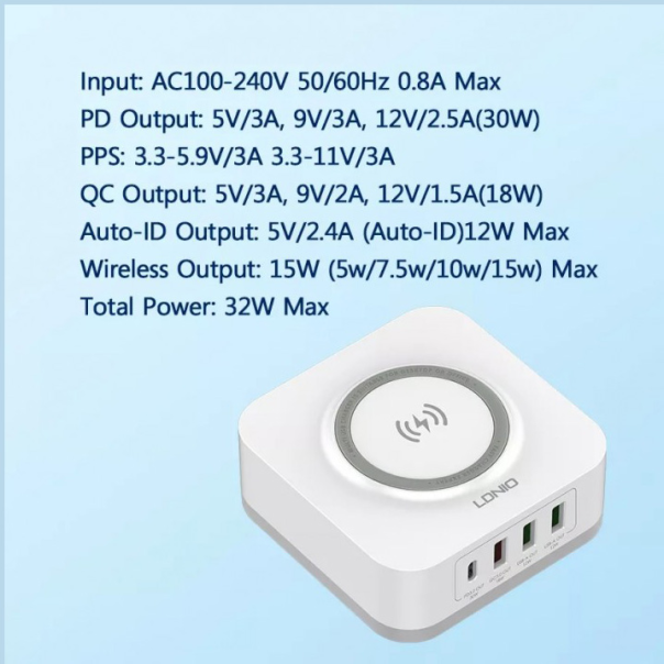 Kucni punjac LDNIO AW004 32W Desktop Wireless Quick Charge 3.0 + PD 30W beli - 204562