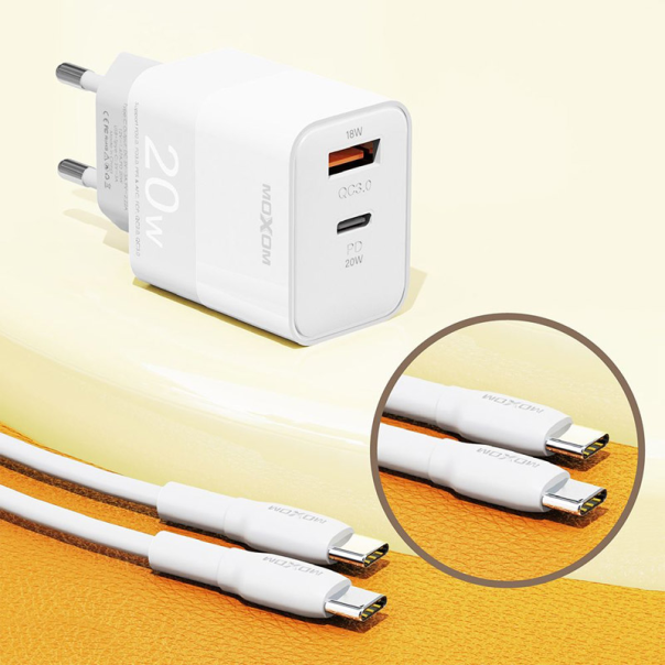 Kućni punjač Moxom MX-HC134 Fast Charge QC 18W PD20W sa kablom Type-C na Type-C beli - 613684