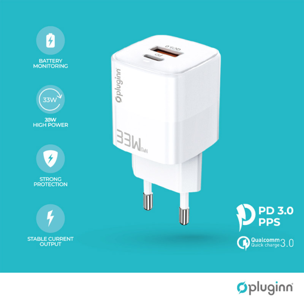 Kućni punjač Pluginn PI-D73-33w, QC3.0 PD3.0, PPS, USB-PD 20W+33W, 53W (total) sa kablom USB na iPhone Lightning beli - 059429