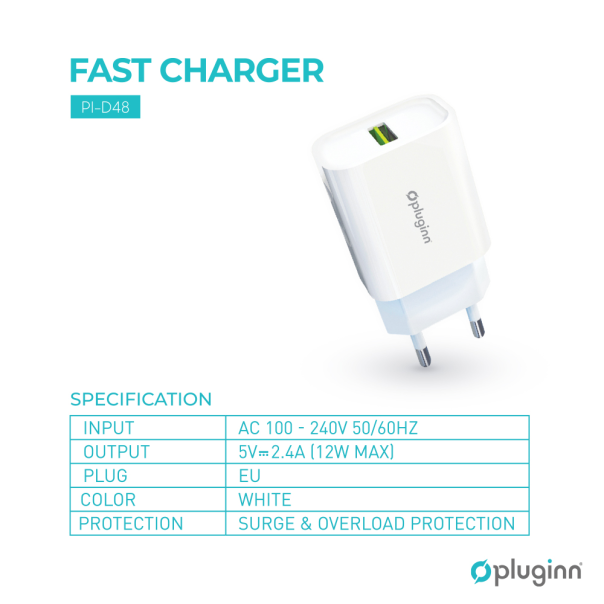 Kućni punjač Pluginn PI-D48, 5V, 2.4A, 12W sa lightning kablom beli CE - 206596-1