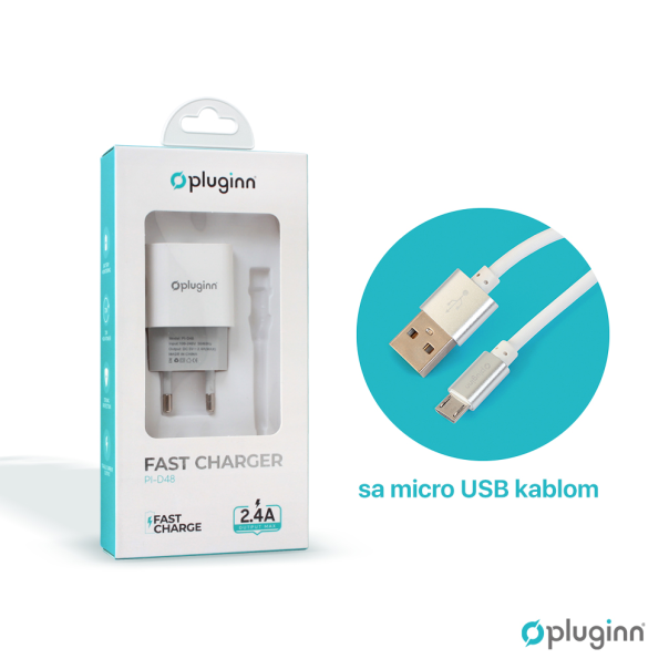 Kucni punjac Pluginn PI-D48, 5V, 2.4A, 12W sa micro USB kablom beli CE - 206595