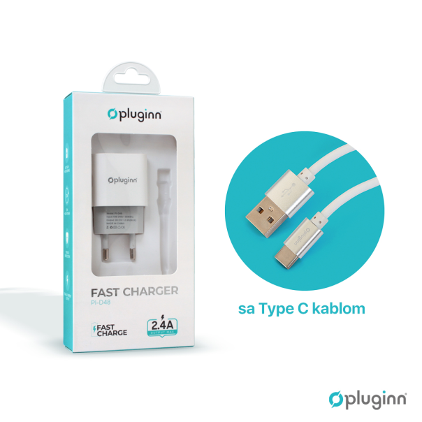 Kucni punjac Pluginn PI-D48, 5V, 2.4A, 12W sa Type C kablom beli CE - 207180