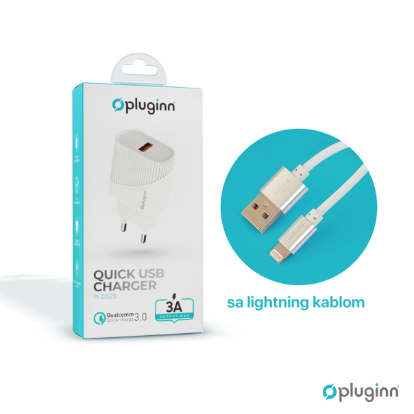 Kucni punjac Pluginn PI-D52S, QC3.0 18W sa lightning kablom beli CE - 206603