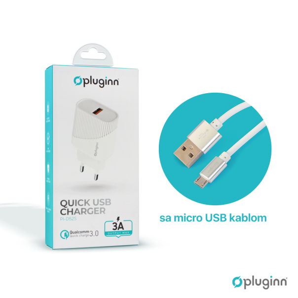 Kucni punjac Pluginn PI-D52S, QC3.0 18W sa micro USB kablom beli CE - 206602