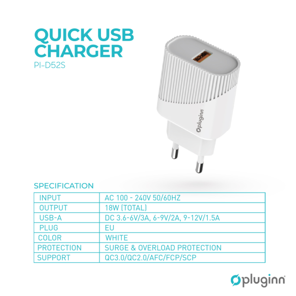 Kućni punjač Pluginn PI-D52S, QC3.0 18W sa Type C kablom beli CE - 206604-1