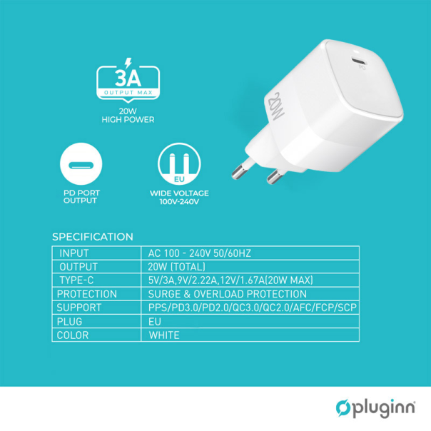Kućni punjač Pluginn PI-D61S, PD3.0, PPS, 20W beli - 059421